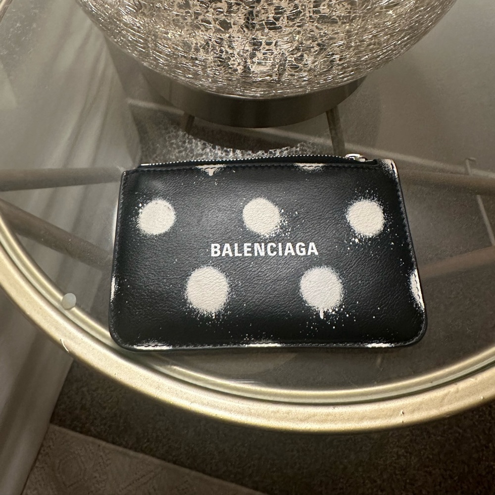 Authentic Balenciaga Logo Polka-Dot Print Zip Card Case